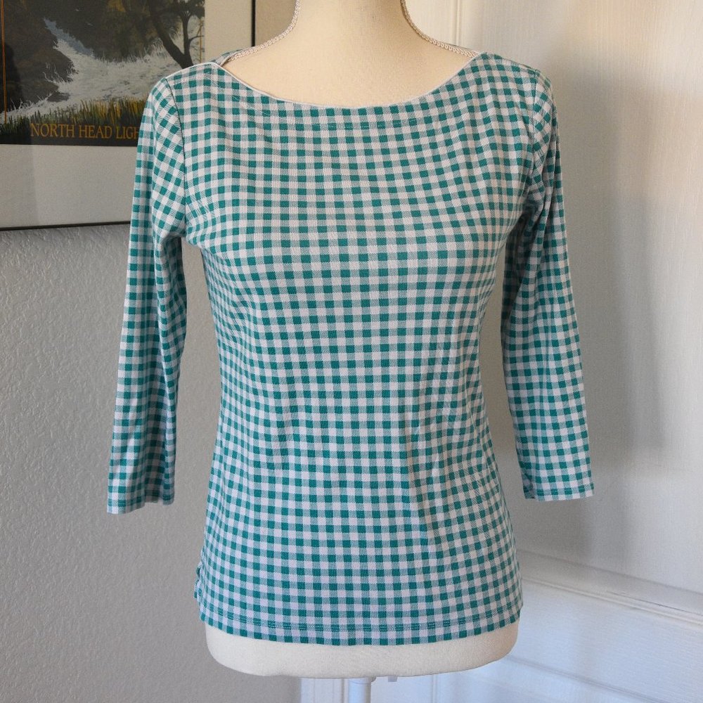 Lands' End Green White Gingham Three-Quarter Sleeve Cotton Top